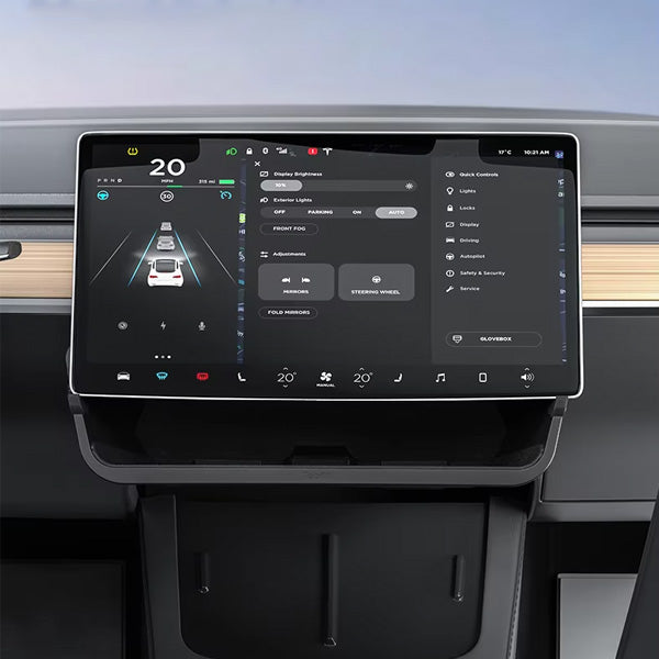 découvrez la tesla model y avec son écran géant et un intérieur noir élégant, alliant technologie avancée et design moderne pour une expérience de conduite unique.